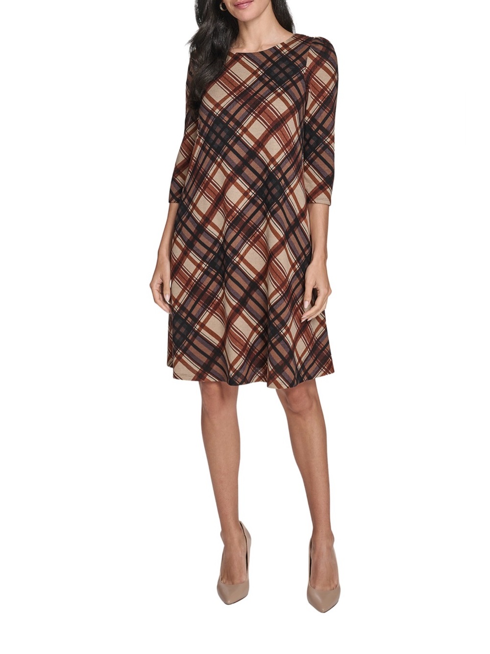 JESSICA HOWARD 3/4 Sleeve Crew Neck Plaid Hacci A-Line Dress.
